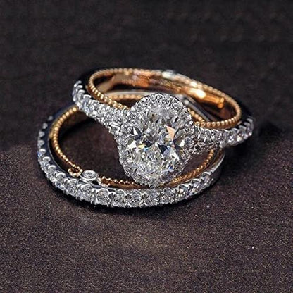Elegant 2Pcs Women Engagement Ring CZ Simulated Diamond Ring Set with Oval Solitaire Proposal Rings Wedding Bands (Rose Gold, 5) - color: Rose Gold, size: 5