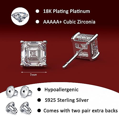 Asscher Cut Cubic Zirconia Stud Earrings for Men Women | Square CZ Simulated Diamond Studs, 18K White Gold Plated Sterling Silver - color: White Gold, size: 7MM