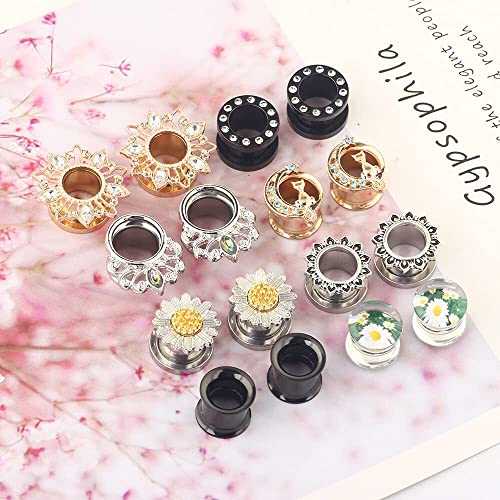 Suotarn 8 Pairs Ear Gauges For Women Black Internally Flare Earrings Plugs Gauges For Ear Stainless Steel Plug Tunnel Piercing Stretcher Kit 00g 0g-5/8'' inch - color: 14mm=9/16''