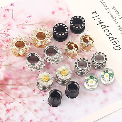 Suotarn 8 Pairs Ear Gauges For Women Black Internally Flare Earrings Plugs Gauges For Ear Stainless Steel Plug Tunnel Piercing Stretcher Kit 00g 0g-5/8'' inch - color: 14mm=9/16''