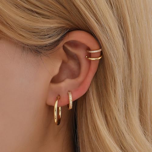 OOOPEL 3 Pairs 14K Gold Plated Ear Cuffs Non Piercing Lightweight Stackable Chunky Earring Cuff for Women Adjustable Non-Fading Fake Earrings Suitable for Christmas Gift - style: Double CZ
