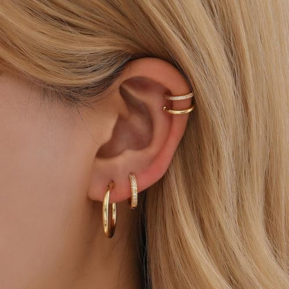 OOOPEL 3 Pairs 14K Gold Plated Ear Cuffs Non Piercing Lightweight Stackable Chunky Earring Cuff for Women Adjustable Non-Fading Fake Earrings Suitable for Christmas Gift - style: Double CZ