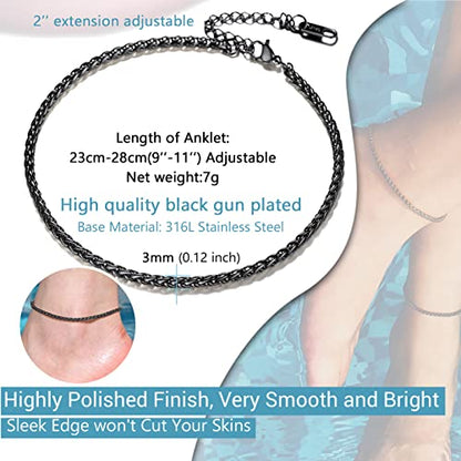 PROSTEEL Ankle Bracelets for Women, Silver/Gold/Black, Waterproof Anklets | Waterproof, Stainless Steel, Summer Beach Jewelry, Durable & No Tarnish, Come with Gift Box, 8-10.5" Adjustable, Plus Size - color: G: black-rope chain-3mm