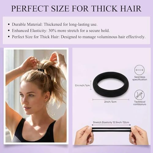 Black Hair Ties No Damage No Pull 100PCS Extra Thick Elastics Hair Bands Large Ponytail Holders for Women Girls Thick Heavy Curly Hair