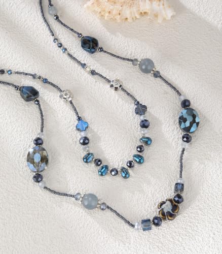 FULU AUTUMN Long Layered Beaded Necklaces for Women Statement Double Bead Strand Ceramic Flower Boho Jewelry Gifts for Mom - color: Navy Blue