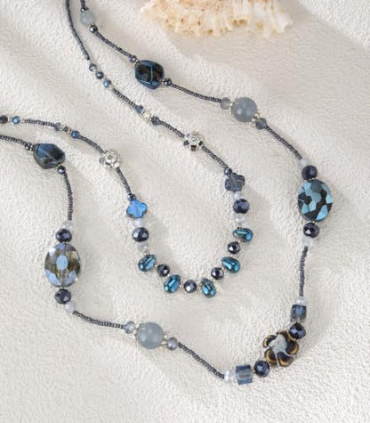 FULU AUTUMN Long Layered Beaded Necklaces for Women Statement Double Bead Strand Ceramic Flower Boho Jewelry Gifts for Mom - color: Navy Blue
