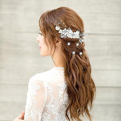Cinaci 18 Pieces Bridal Wedding Party Prom Pearl Rhinestone White Flower Hair Side Combs Slides+U-shaped Flower Hair Pins+Twist Spiral Hairpins Floral Headpieces for Brides Bridesmaids Women Girls - color: White