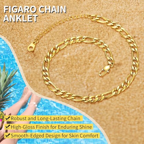 ChainsHouse Ankle Bracelets for Women, Stainless Steel Beaded Chain Ankle Bracelet, Womens Heart Anklets for Summer Beach Jewelry Gifts - color: F: figaro-5mm-gold