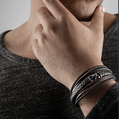 SERASAR Premium Leather Bracelet Men | Stainless Steel Magnetic Clasp | Three Colors | Jewelry Box Included - color: Black, size: 17cm, style: Flake