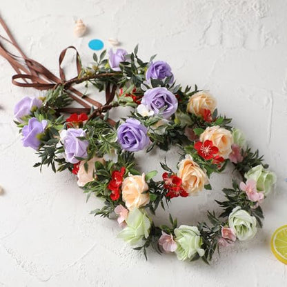 Pink Green Flower Crown Headband, Boho Rose Floral Headpiece | Artificial, Adjustable Fairy Woodland Headbands, Women Maternity Wedding Renaissance Festival Birthday Party Accessories - color: Pink-green