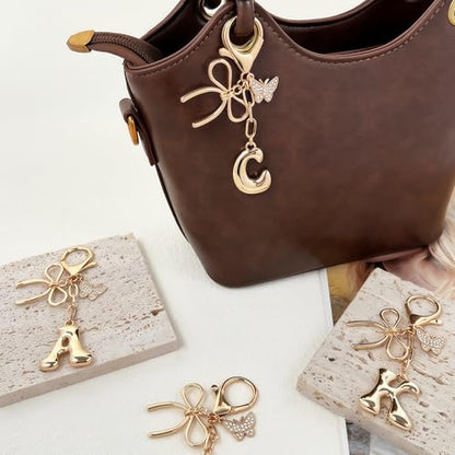 Gold Bubble Heart, Cherry, Bow & More Designs Letter Initial Keychain Bag Charms – Cute Purse Charms for Handbags - color: Bow & Butterfly, style: C