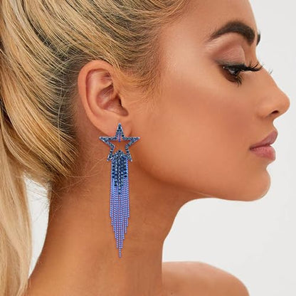 EVER FAITH Crystal Long Waterfall Star Tassel Clip-on Earrings for Women | Rhinestone Beaded Fringe Chandelier Dangle Statement Earring, Wedding Party Jewelry - color: Sapphire Blue Blue-Tone