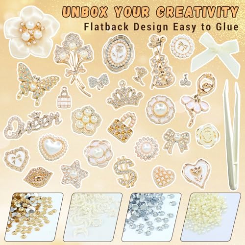 RidaaFri Junk Phone Case Kit Charms, Gold Flatback 3D Charms Set, | Big Charms with Pearls Rhinestone Gems Butterfly Bow Heart for DIY Case Craft Accessories, Phone Supplies for Women Adult - color: Gold