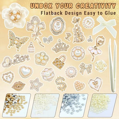 RidaaFri Junk Phone Case Kit Charms, Gold Flatback 3D Charms Set, | Big Charms with Pearls Rhinestone Gems Butterfly Bow Heart for DIY Case Craft Accessories, Phone Supplies for Women Adult - color: Gold