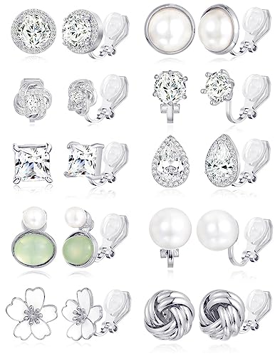 Tornito 10-15 Pairs Clip on Stud Earrings Non Pierced Teardrop Round Square CZ Pearl Twist Knot Flower Butterfly Heart Star Rainbow Cat Opal Clip on Earrings for Women - color: A: Silver Tone