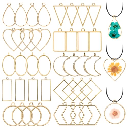 40pcs Open Bezel Pendants 10 Styles Hollow Frame Pendants Open Back Frame Pendant Geometric Hollow Bezel Pendant for Jewelry Making,Resin Casting,Pressed Flower,DIY Crafts(K Gold) - color: 40pcs;K Gold;10 Styles