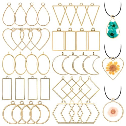 40pcs Open Bezel Pendants 10 Styles Hollow Frame Pendants Open Back Frame Pendant Geometric Hollow Bezel Pendant for Jewelry Making,Resin Casting,Pressed Flower,DIY Crafts(K Gold) - color: 40pcs;K Gold;10 Styles