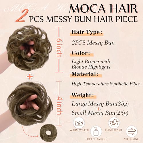 2PCS Messy Bun Hair Pieces Synthetic Hairpieces For Women | Messy Bun and Donut Bun in one set for natural-looking volume and elegant updos for every occasion. - color: Light Brown with Blonde Highlights