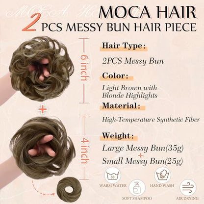 2PCS Messy Bun Hair Pieces Synthetic Hairpieces For Women | Messy Bun and Donut Bun in one set for natural-looking volume and elegant updos for every occasion. - color: Light Brown with Blonde Highlights