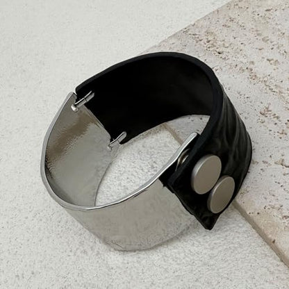 Leather Bracelet for Women Black Leather Golden Bracelet Bangle Chunky Leather Wrap Bracelet for Women Statement Jewelry Gift - style: Genuine Leather Bracelet-Silver