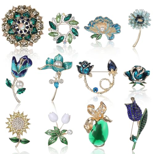 12pcs Women Brooches Bulk Set,Rhinestone Crystal Vintage Brooch Pins,Retro Broches Pin for Women Mother's Day Gifts Christmas Gifts - style: Flower