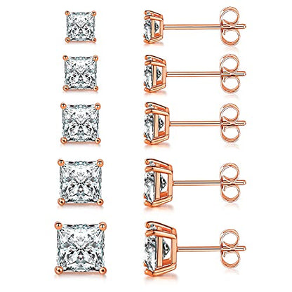MDFUN 5 Pairs Square Earrings Set for Women Hypoallergenic 18K White Gold/Yellow Gold/Rose Gold Plated Princess Cut Clear Cubic Zirconia Stud Earring 3-7MM Pack of 5 - color: Rose Gold