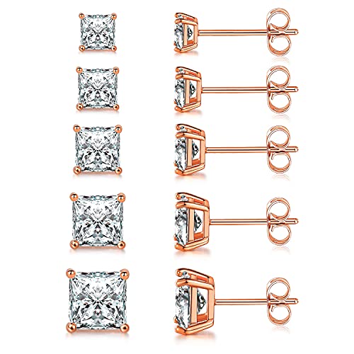 MDFUN 5 Pairs Square Earrings Set for Women Hypoallergenic 18K White Gold/Yellow Gold/Rose Gold Plated Princess Cut Clear Cubic Zirconia Stud Earring 3-7MM Pack of 5 - color: Rose Gold