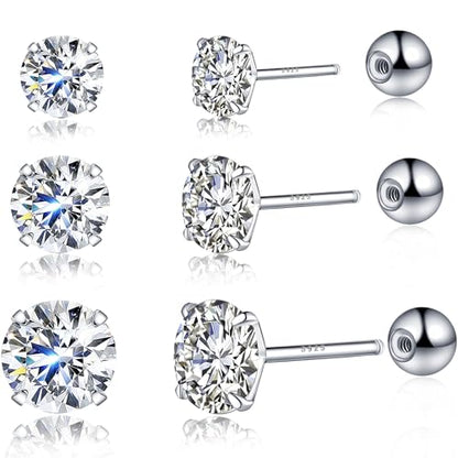 925 Sterling Silver Earrings, Cubic Zirconia Stud Earrings, Diamond Stud Earrings for Women - color: Sterling Silver Screw Back Earrings - 4mm 5mm 6mm