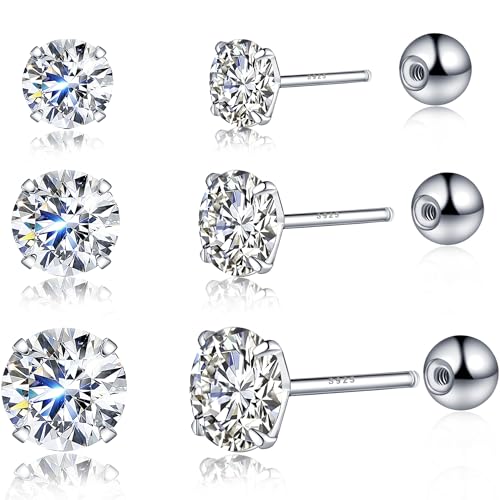 925 Sterling Silver Earrings, Cubic Zirconia Stud Earrings, Diamond Stud Earrings for Women - color: Sterling Silver Screw Back Earrings - 4mm 5mm 6mm