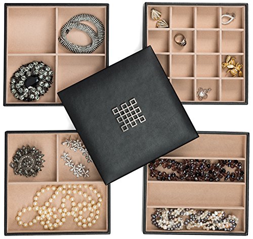 Glenor Co Jewelry Organizer Tray - 4 Stackable Trays & Lid with Mirror - 27 Slot Storage for Drawer, Dresser - Black - size: Square - 4 Trays + Lid Set - 27 Slots