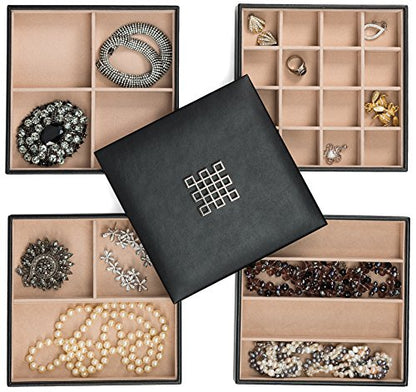 Glenor Co Jewelry Organizer Tray - 4 Stackable Trays & Lid with Mirror - 27 Slot Storage for Drawer, Dresser - Black - size: Square - 4 Trays + Lid Set - 27 Slots