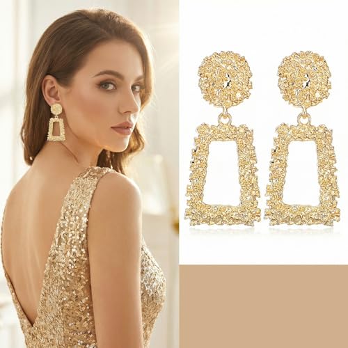 Clip on Earrings for Women, Big Statement Geometric Earrings Large Shiny Drop Dangle Earrings Non Pierced (Gold/Silver/Hot Pink) - color: Gold