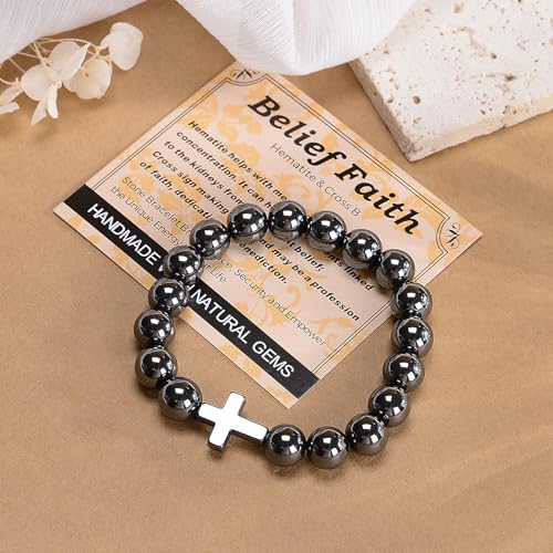 MASSIVE BEADS Handmade Yoga Stretch Elastic Bracelet Natural Stone Crystal Healing Power Energy Gifts for Unisex Adult 4mm 6mm 8mm 10mm - color: BELIEF FAITH(Hematite and Cross B), size: 10mm