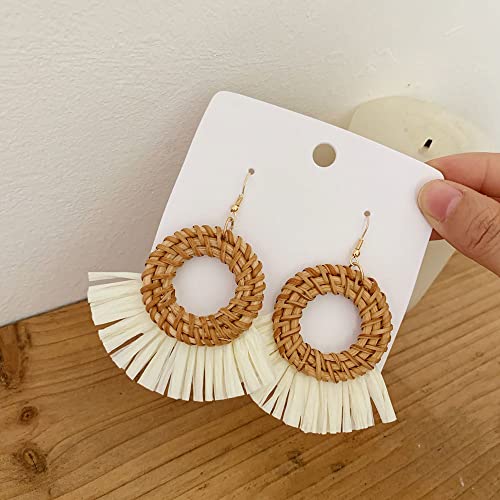 Bohemia Tassel Earrings Statement Handmade Dangle Ethnic Fringe Earrings Bamboo Weaving Geometric Square Sector Gifts for Women - color: round raffia