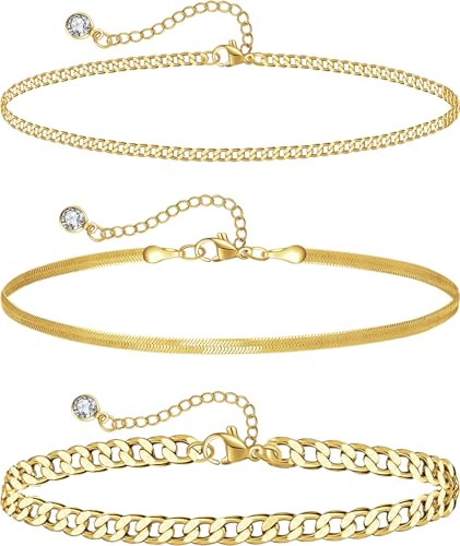 Plus Size Ankle Bracelets for Women - Extra Large 10"+2" Adjustable Anklet 14K Real Gold Plated Anklet Cuban Link, Figaro, Rope, Snake Herringbone - Summer Beach Waterproof Foot Jewelry - color: Curb, Chunky Curb,Snake