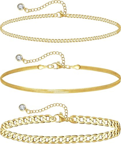 Plus Size Ankle Bracelets for Women - Extra Large 10"+2" Adjustable Anklet 14K Real Gold Plated Anklet Cuban Link, Figaro, Rope, Snake Herringbone - Summer Beach Waterproof Foot Jewelry - color: Curb, Chunky Curb,Snake