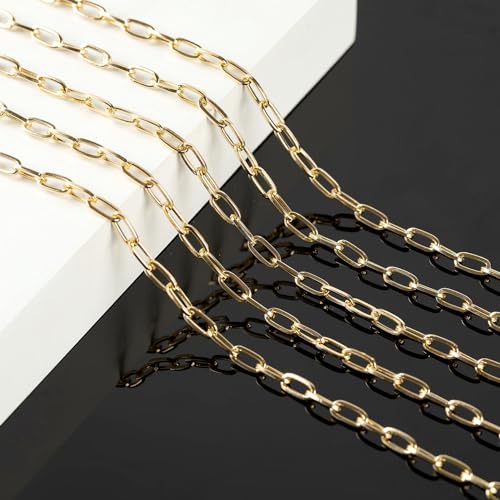 32.8 Feet Thin Paperclip Chains Width 4MM Craft Chain for Necklace Bracelet Earring Making Gold Plated Iron Chain Bulk with Lobster Clasps and Jump Rings Jewelry Making Supplies - color: 7.6x4mm Paperclip