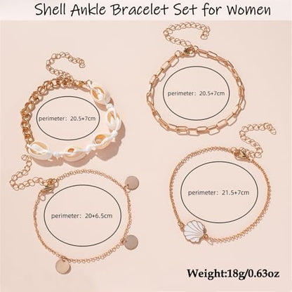 Shell Ankle Bracelet Set for Women,Boho Adjustable Beads Anklet Pack Natural White Shells Stack Stretch Seashell Pearl Starfish Bracelet Set Hawaiian Beach Vacation Foot Jewelry - style: D-Shell Disc 4Pcs