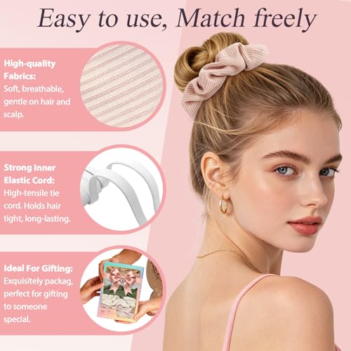 Ribbed Knit Scrunchies, Soft Stretchy Fabric Hair Ties, Neutral Solid Colors (Beige, Sage, Gray) No Crease for Women, Thick & Thin Hair, Everyday Casual & Workout Use - color: Set 16