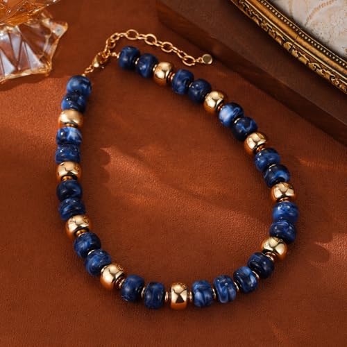 Resin Chunky Colorful Beaded Necklace | Adjustable Boho Statement Necklace,Summer Beach Party Jewelry - color: Blue
