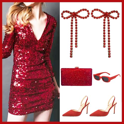 Bow Earrings Red Earrings for Women Dangle Cute Earrings Red Stuff Jewelry Outfits Accessories Gifts for Girls - color: B1:red rhinestone bow earrings