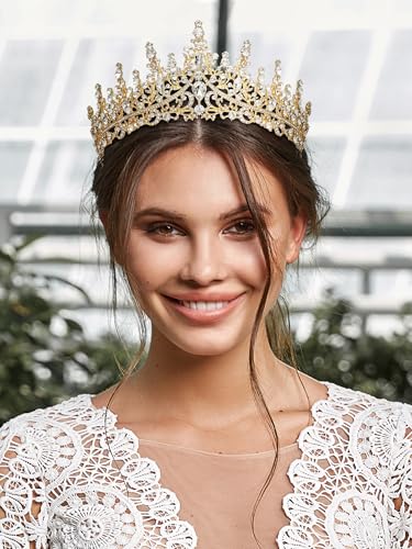 SWEETV Crystal Wedding Tiara for Women, Royal Queen Crown Headband, Rhinestone Princess Hair Accessories for Prom Birthday - color: 1.Gold-Tone