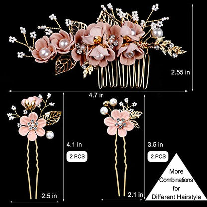 5 Pieces Bridal Flower Wedding Hair Pins Crystal Pearl Hair Combs Clips Headpiece Gold Wedding Hair Accessories Jewelry with Rhinestone for Brides Bridesmaids Women Girls Updo (Cherry Blossoms Pink) - color: Flourish Flowers Series&Cherry Blossoms Pink