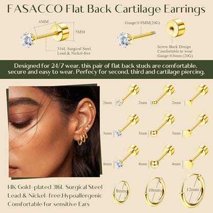 FASACCO Small Tiny Stud Flat Back Earring Hypoallergenic Gold Studs 14K Surgical Steel Earring Sets for Multiple Piercing Cartilage Hoop Earrings - color: gold tone