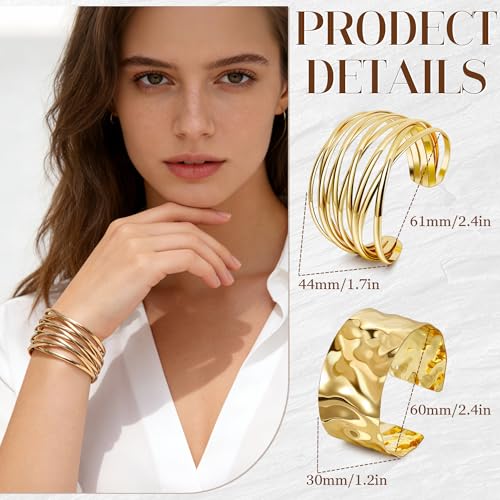 3PCS Chunky Cuff Bracelets for Women Irregular Minimalist Statement Bangle Bracelets Set Open Wide Wire Grooved Hammered Bangle Bracelet Gold Sliver Wrist Cuff Wrap Bracelet Adjustable - color: Gold Cuff Bracelets C