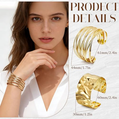 3PCS Chunky Cuff Bracelets for Women Irregular Minimalist Statement Bangle Bracelets Set Open Wide Wire Grooved Hammered Bangle Bracelet Gold Sliver Wrist Cuff Wrap Bracelet Adjustable - color: Gold Cuff Bracelets C