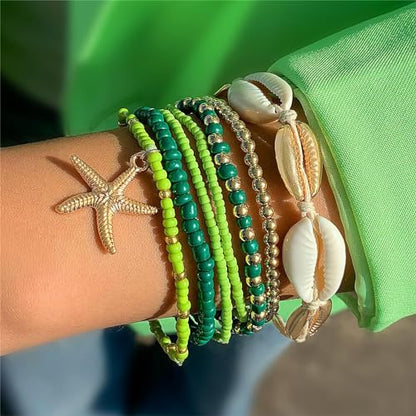 Bohemian Stackable Shell Beaded Ankle Bracelets for Women Colorful Boho Multi-Layer Seashell Gold Starfish Adjustable Handmade Braid Bracelet Summer Beach Holiday Accessories Gifts - color: Green