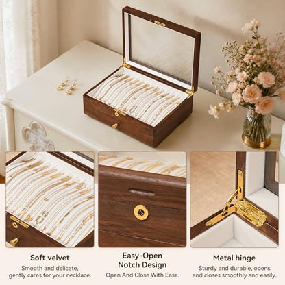 Black Walnut Lockable Necklace Box, Wooden Jewelry Organizer Case for Women | 2 Layer, Drawer, Solid Wood, Lock Key, Necklace Holder, Jewelry Display, Glass Lid, Handcraft, Velvet Line, Gift for Girl Mom - color: 2 Layer Full Lock Necklace Box