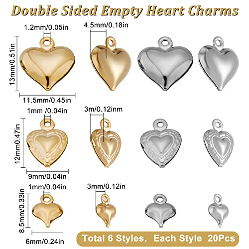 SUNNYCLUE 1 Box 120Pcs 6 Styles Valentine's Day Charms Metal Heart Charms Silver Heart Shaped Charms Gold 3D Love Charms for Jewelry Making Charms DIY Earring Necklace Bracelet Gifts Craft Supllies - color: 1 Box 120pcs 2 Colors 3d Heart Charms