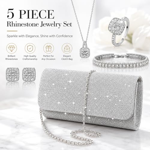 5 Pcs Rhinestone Jewelry Set for Women, Bling Crystal Clutch Purse Necklace Bracelet Earrings & Ring, Elegant Bridal Wedding Accessory Set for Bridesmaids Prom Evening Party